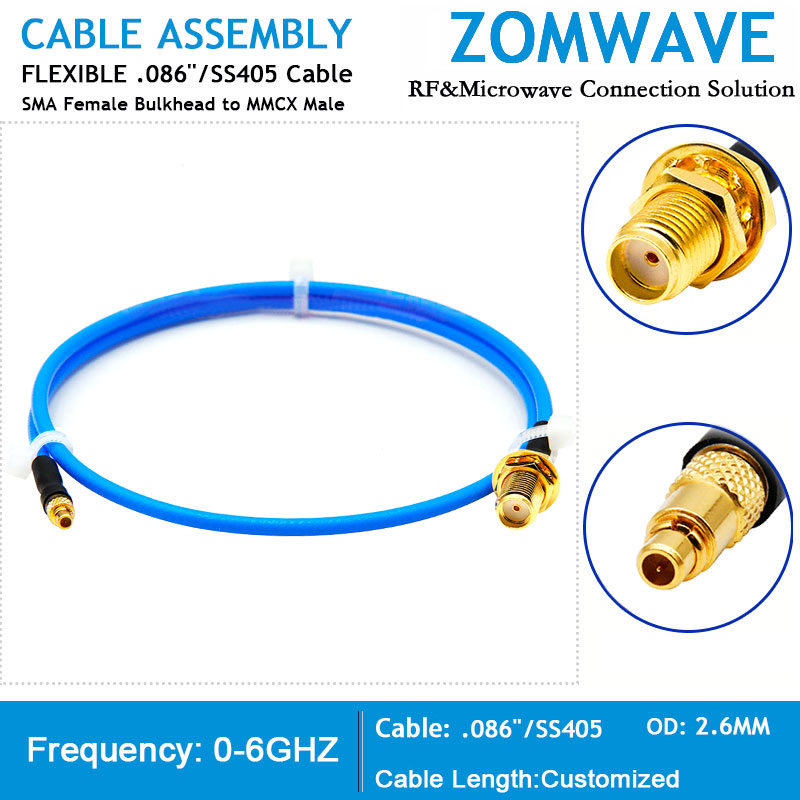 SMA Female Bulkhead to MMCX Male, Flexible .086''_SS405 Cable, 6GHz