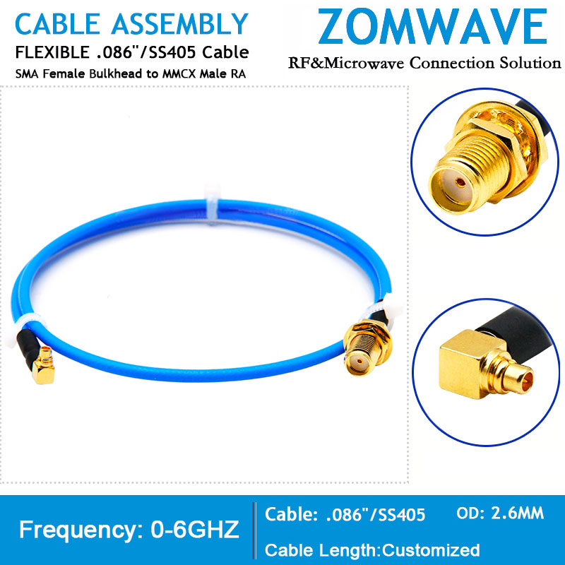 SMA Female Bulkhead to MMCX Male Right Angle, Flexible .086''_SS405 Cable, 6GHz