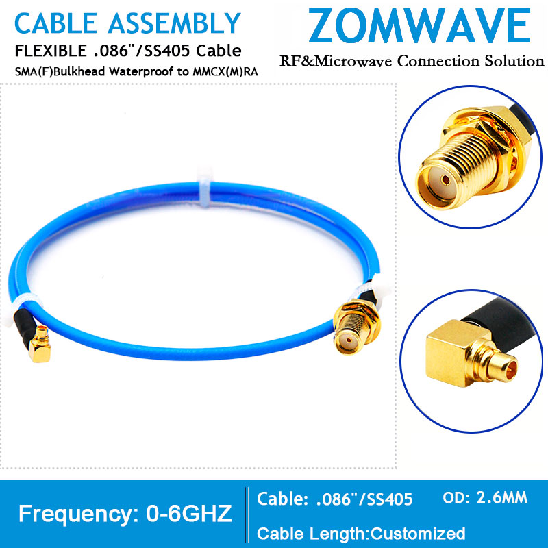 SMA Female Bulkhead Waterproof to MMCX Male Right Angle,Flexible .086 _SS405,6G