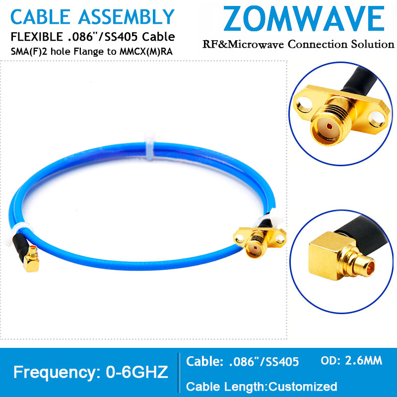 SMA Female 2 hole Flange to MMCX Male Right Angle,Flexible .086''_SS405 Cable,6G