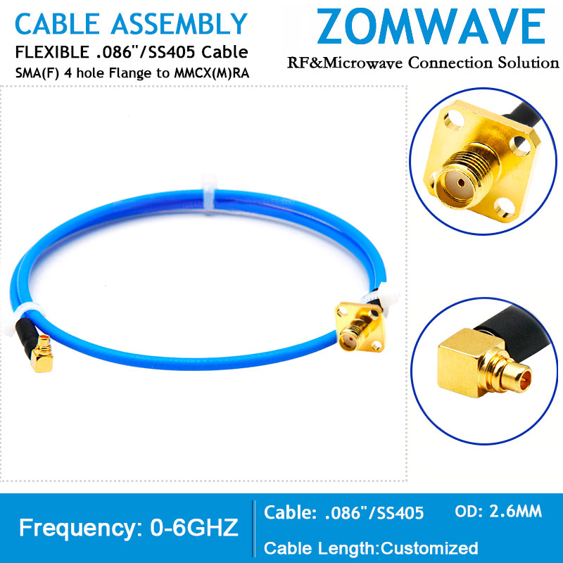 SMA Female 4 hole Flange to MMCX Male Right Angle,Flexible .086''_SS405, 18GHZ