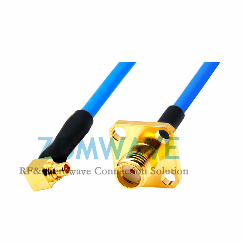 SMA Female 4 hole Flange to MMCX Male Right Angle,Flexible .086''_SS405, 18GHZ
