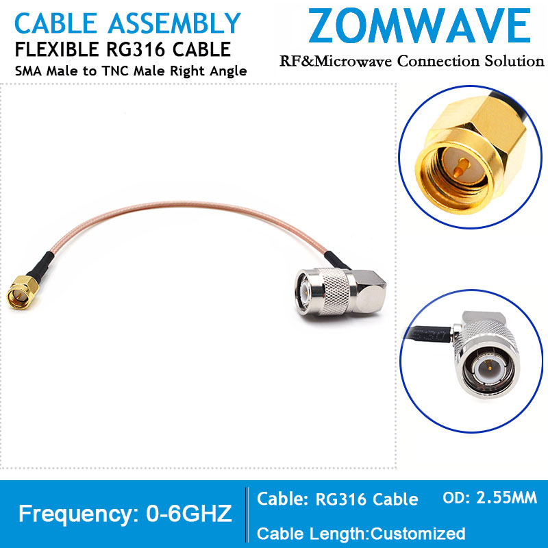 SMA Male to TNC Male Right Angle, RG316 Cable, 6GHz