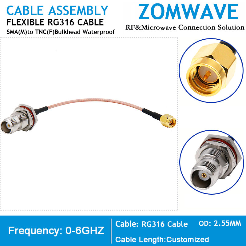 SMA Male to TNC Female Bulkhead Waterproof, RG316 Cable, 6GHz