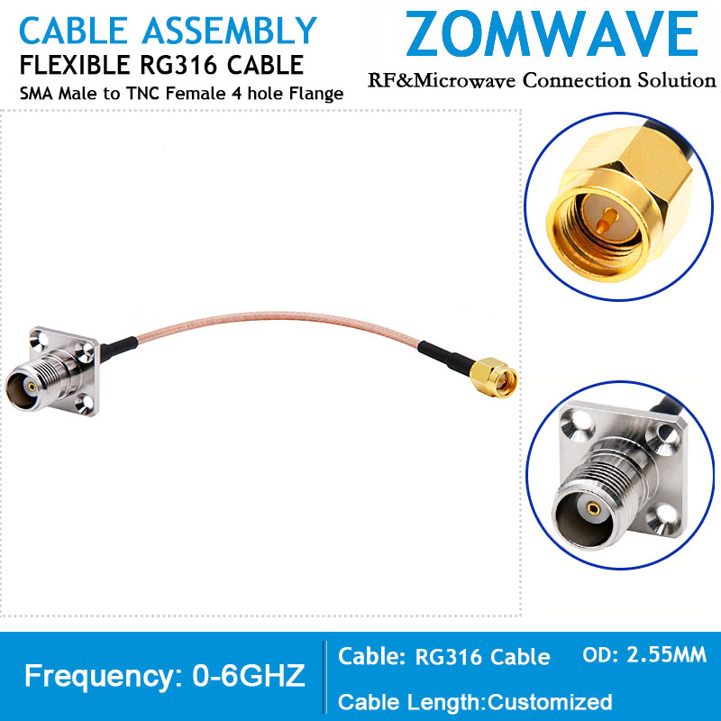 SMA Male to TNC Female 4 hole Flange, RG316 Cable, 6GHz