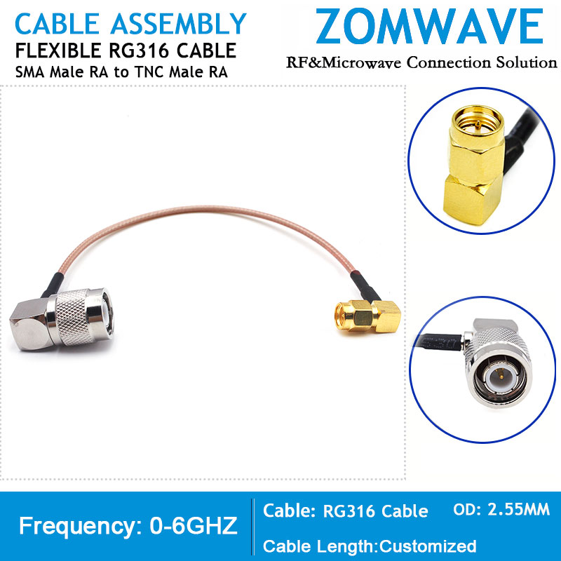 SMA Male Right Angle to TNC Male Right Angle, RG316 Cable, 6GHz