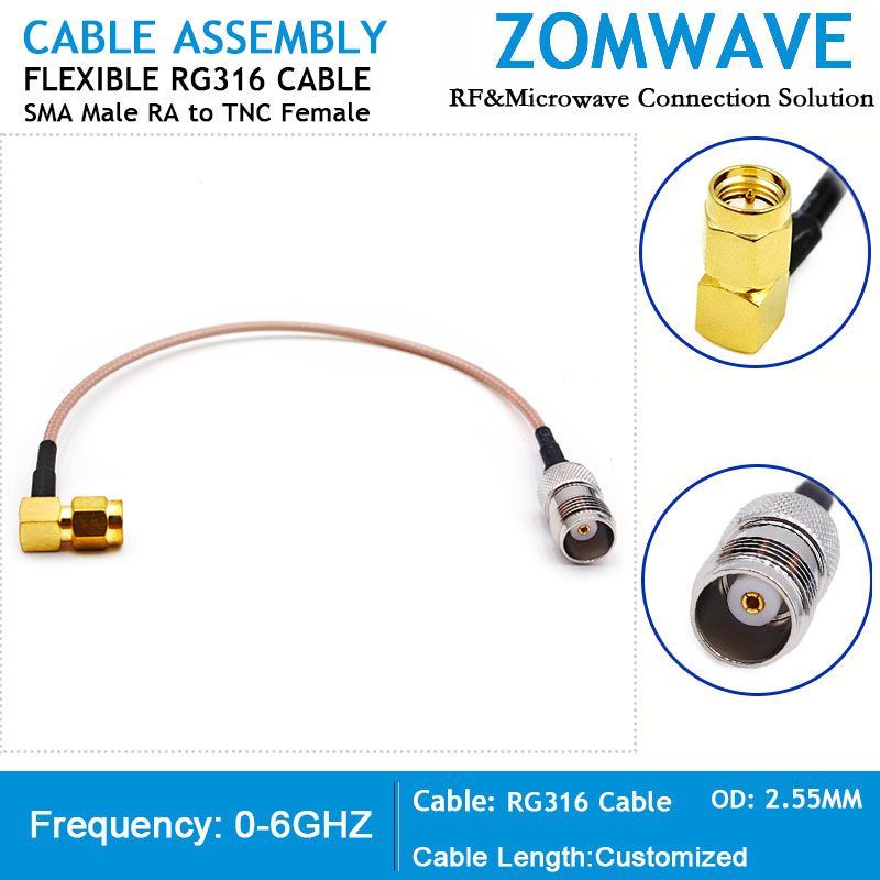 SMA Male Right Angle to TNC Female, RG316 Cable, 6GHz