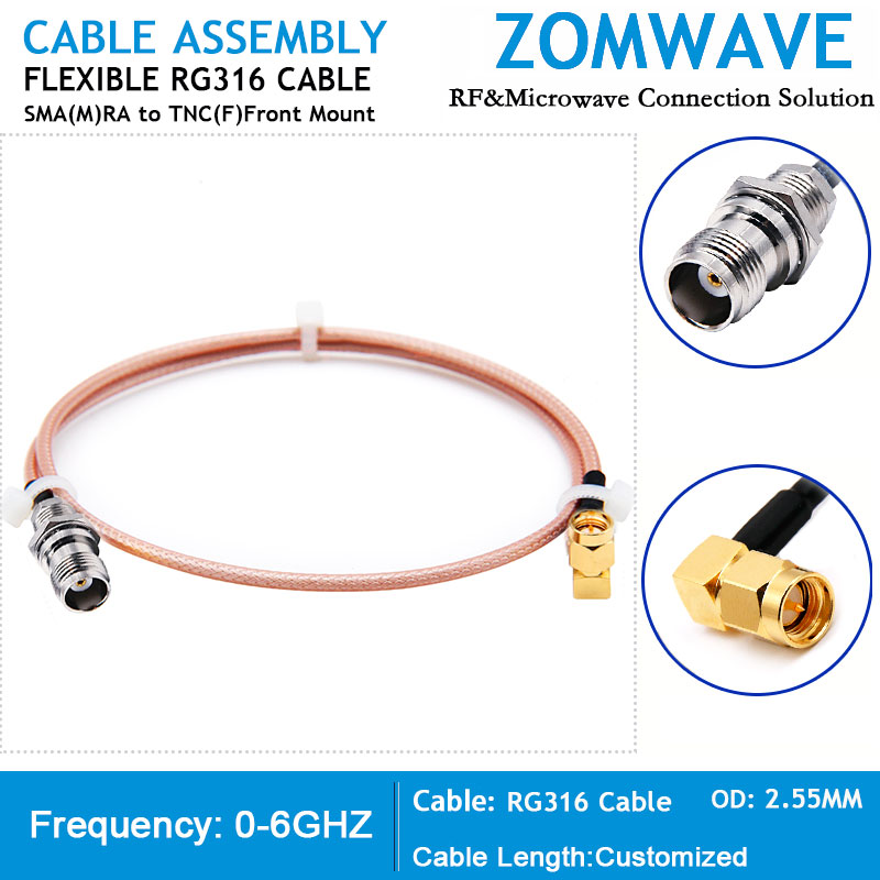 SMA Male Right Angle to TNC Female Front Mount, RG316 Cable, 6GHz