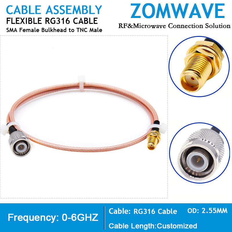 SMA Female Bulkhead to TNC Male, RG316 Cable, 6GHz