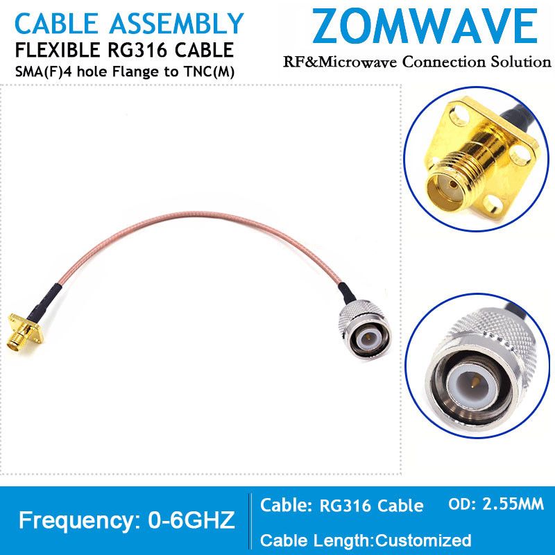 SMA Female 4 hole Flange to TNC Male, RG316 Cable, 6GHz