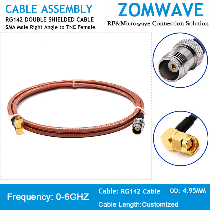 SMA Male Right Angle to TNC Female, RG142 Cable, 6GHz