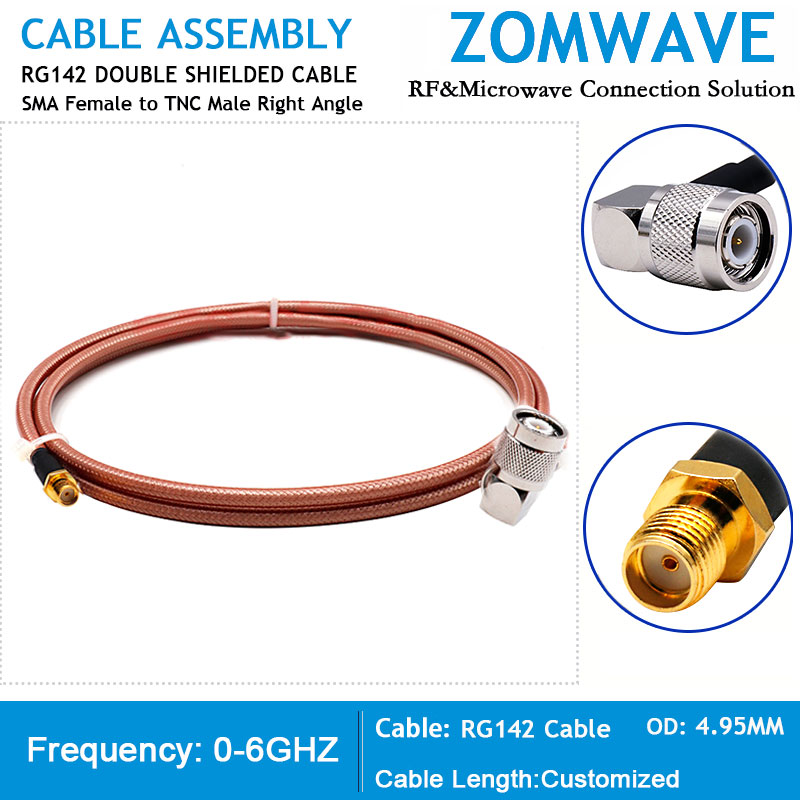 SMA Female to TNC Male Right Angle, RG142 Cable, 6GHz
