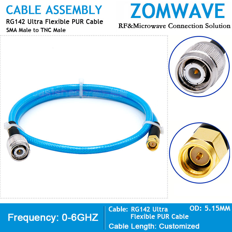 SMA Male to TNC Male, RG142 Ultra Flexible PUR Cable, 6GHz