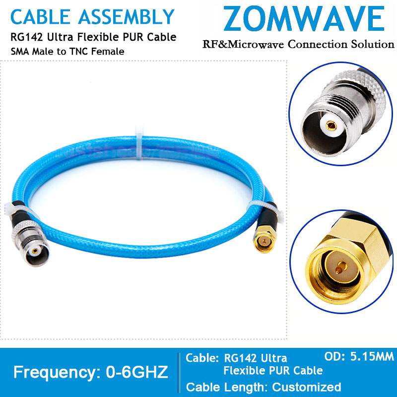 SMA Male to TNC Female, RG142 Ultra Flexible PUR Cable, 6GHz