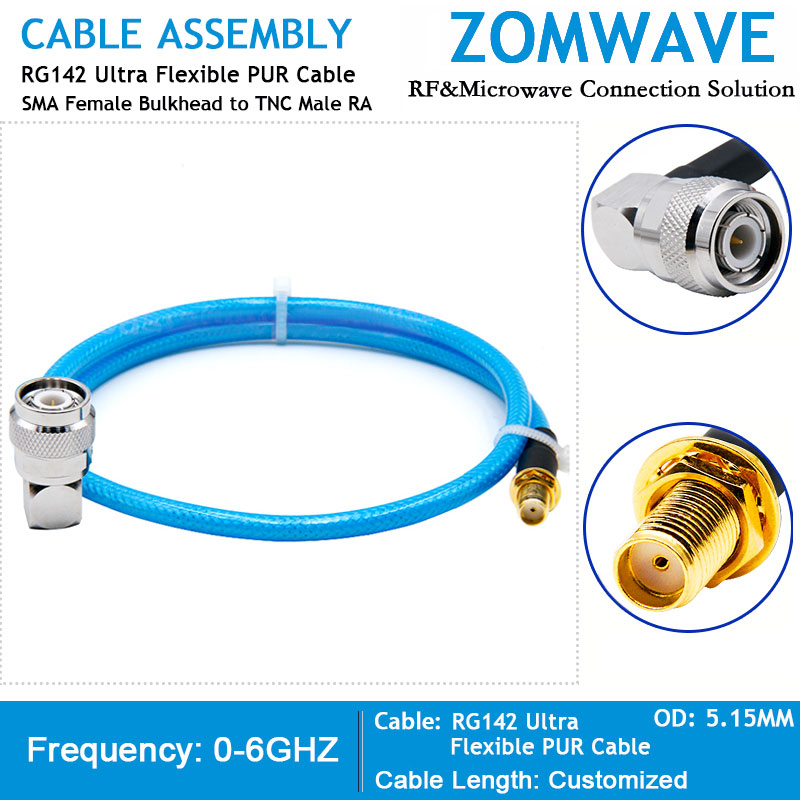 SMA Female Bulkhead to TNC Male Right Angle, RG142 Ultra Flexible PUR Cable,6GHZ