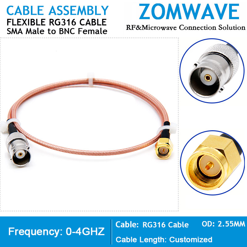 SMA Male to BNC Female, RG316 Cable, 4GHz