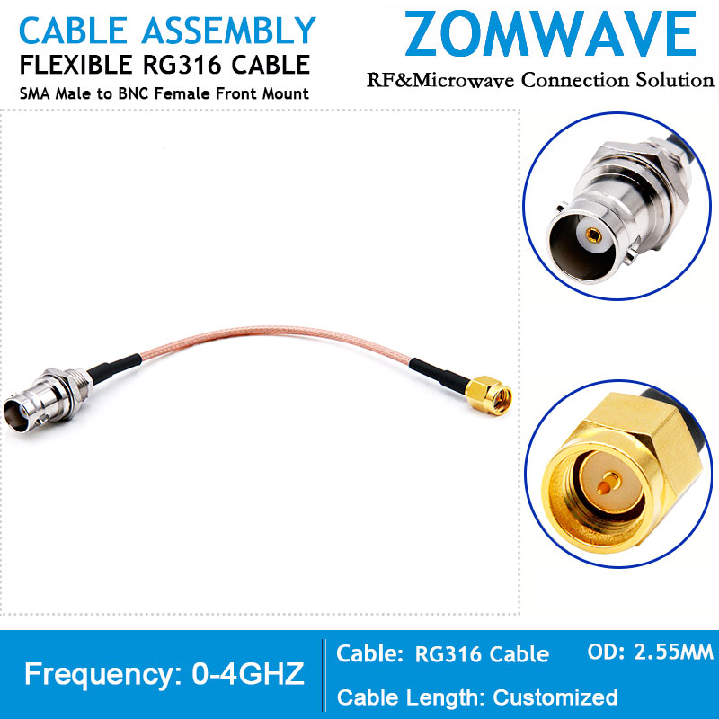 SMA Male to BNC Female Front Mount, RG316 Cable, 4GHz