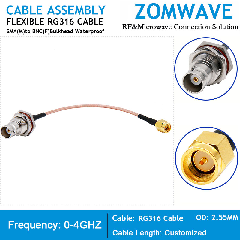 SMA Male to BNC Female Bulkhead Waterproof, RG316 Cable, 4GHz