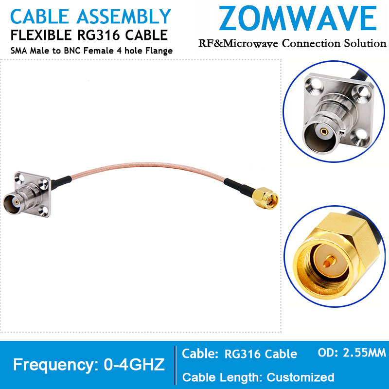 SMA Male to BNC Female 4 hole Flange, RG316 Cable, 4GHz