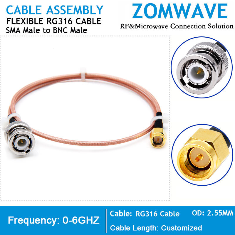 SMA Male to BNC Male, RG316 Cable, 6GHz