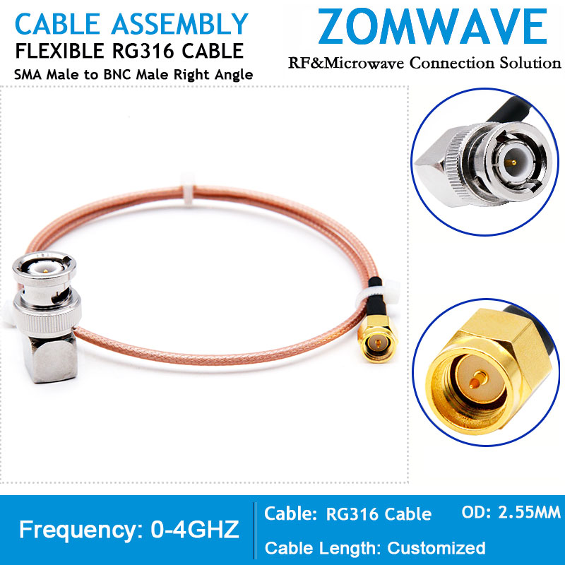 SMA Male to BNC Male Right Angle, RG316 Cable, 4GHz