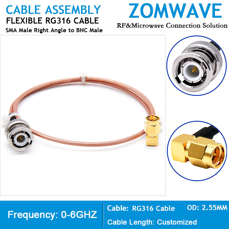 SMA Male Right Angle to BNC Male, RG316 Cable, 6GHz