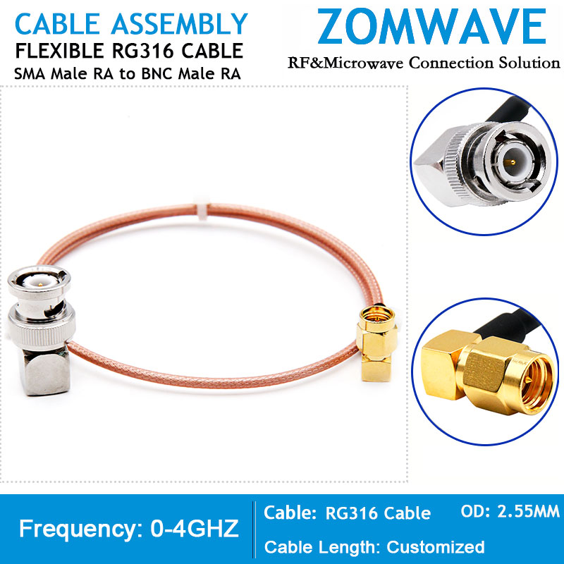 SMA Male Right Angle to BNC Male Right Angle, RG316 Cable, 4GHz