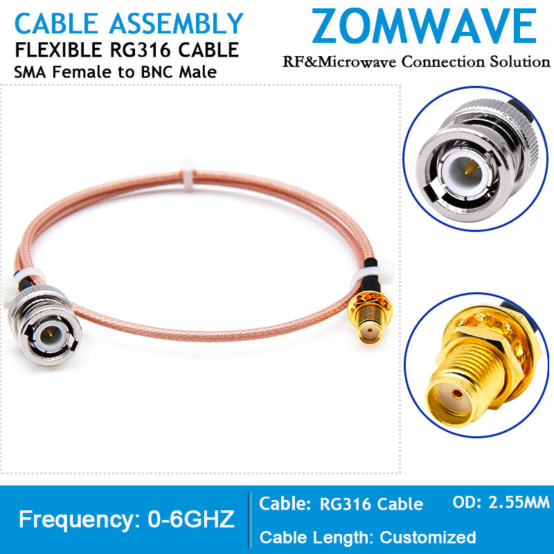 SMA Female to BNC Male, RG316 Cable, 6GHz