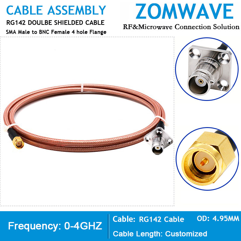 SMA Male to BNC Female 4 hole Flange, RG142 Cable, 4GHz