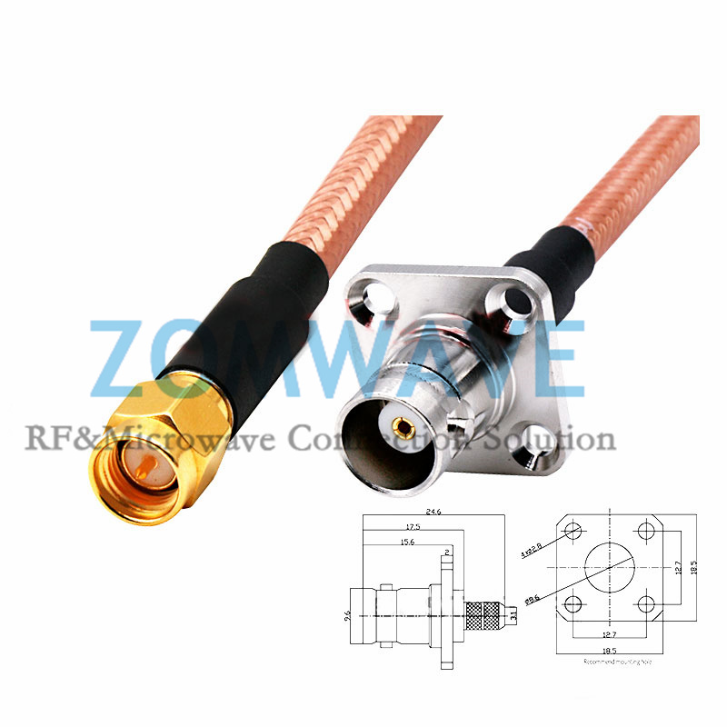 SMA Male to BNC Female 4 hole Flange, RG142 Cable, 4GHz