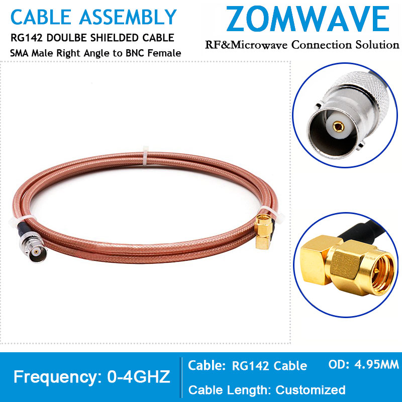 SMA Male Right Angle to BNC Female, RG142 Cable, 4GHz