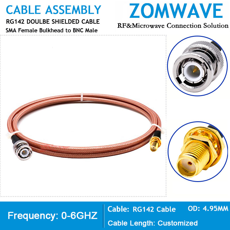 SMA Female Bulkhead to BNC Male, RG142 Cable, 6GHz