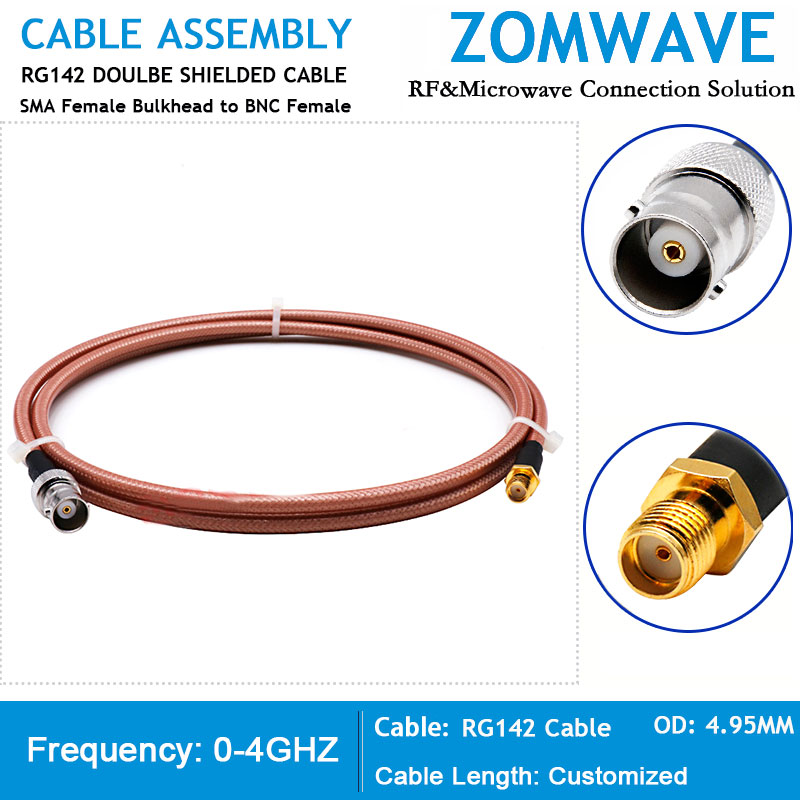 SMA Female Bulkhead to BNC Female, RG142 Cable, 4GHz