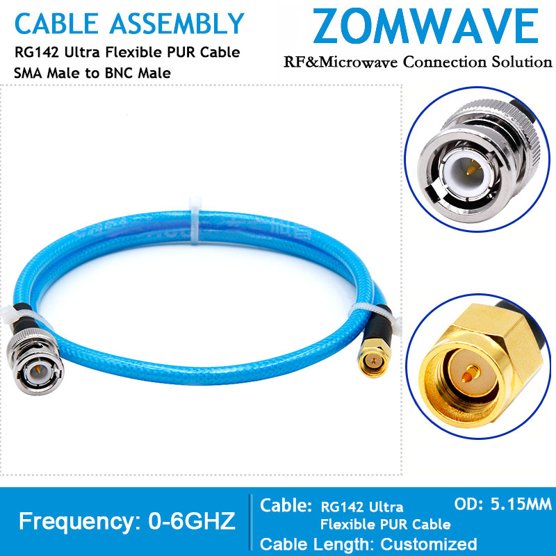 SMA Male to BNC Male, RG142 Ultra Flexible PUR Cable, 6GHz