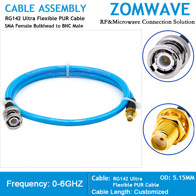 SMA Female Bulkhead to BNC Male, RG142 Ultra Flexible PUR Cable, 6GHz