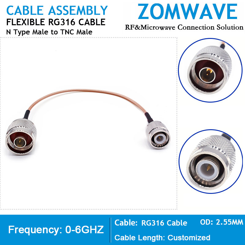 N Type Male to TNC Male, RG316 Cable, 6GHz