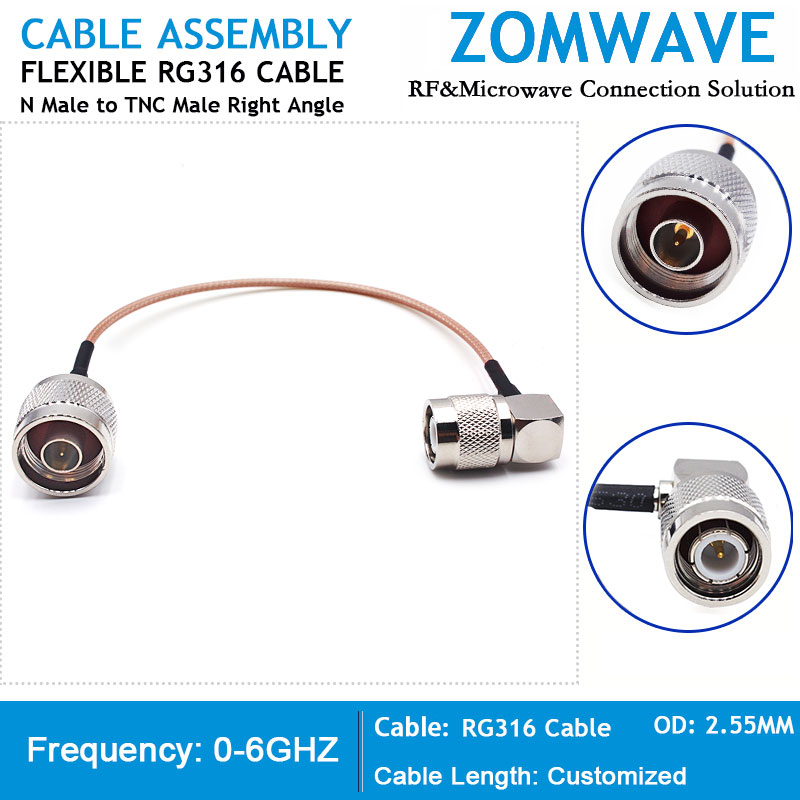 N Type Male to TNC Male Right Angle, RG316 Cable, 6GHz