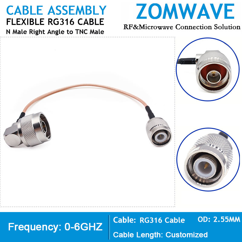 N Type Male Right Angle to TNC Male, RG316 Cable, 6GHz