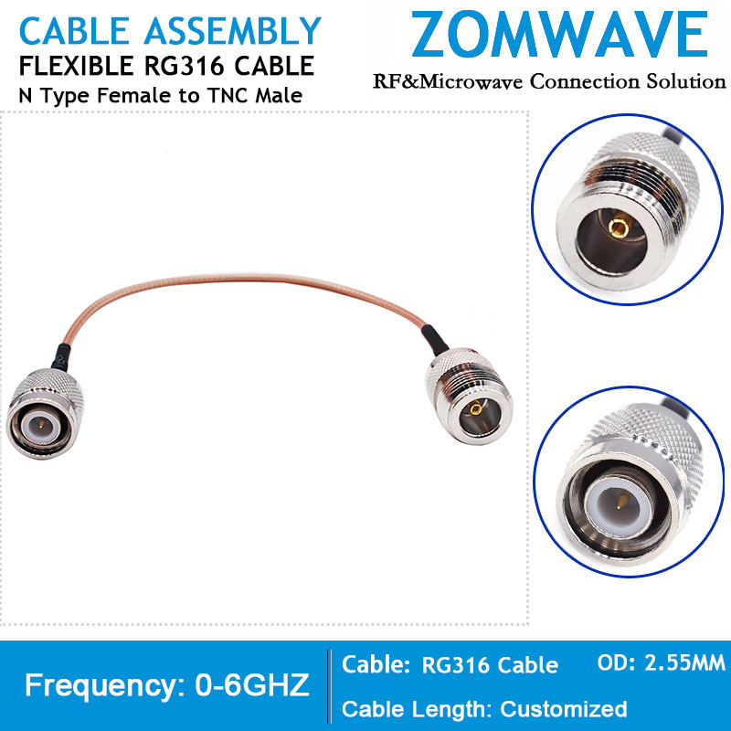 N Type Female to TNC Male, RG316 Cable, 6GHz