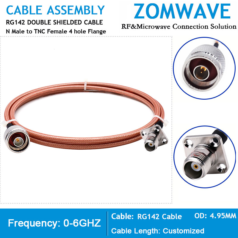 N Type Male to TNC Female 4 hole Flange, RG142 Cable, 6GHz