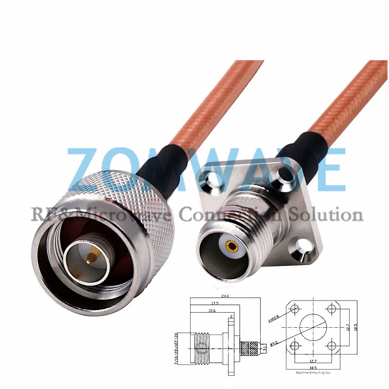 N Type Male to TNC Female 4 hole Flange, RG142 Cable, 6GHz