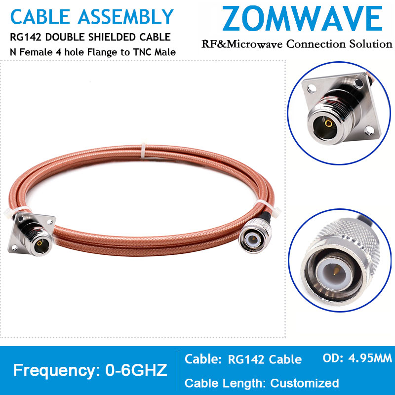 N Type Female 4 hole Flange to TNC Male, RG142 Cable, 6GHz
