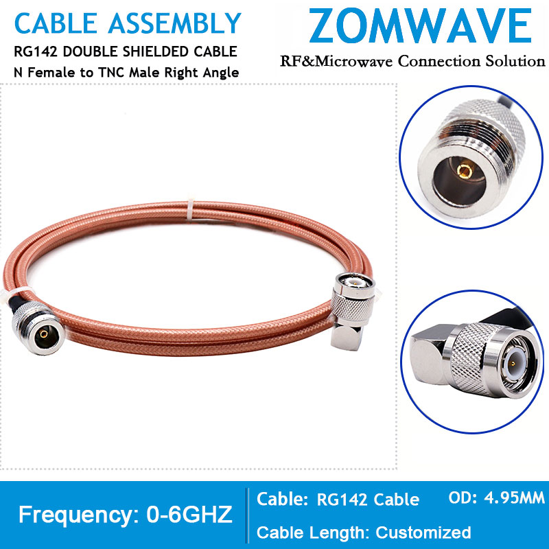 N Type Female to TNC Male Right Angle, RG142 Cable, 6GHz