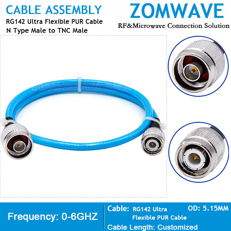 N Type Male to TNC Male, RG142 Ultra Flexible PUR Cable, 6GHz