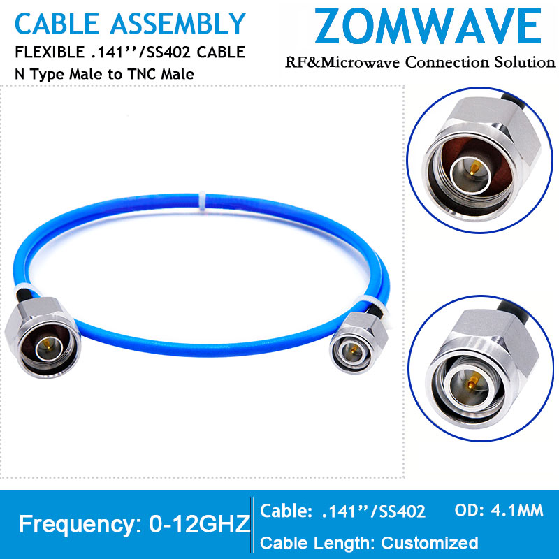 N Type Male to TNC Male, Flexible .141‘’_SS402 Cable, 12GHz