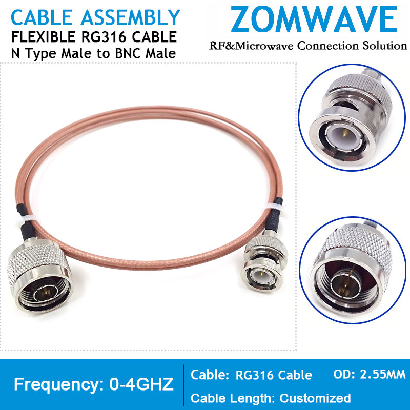N Type Male to BNC Male, RG316 Cable, 4GHz