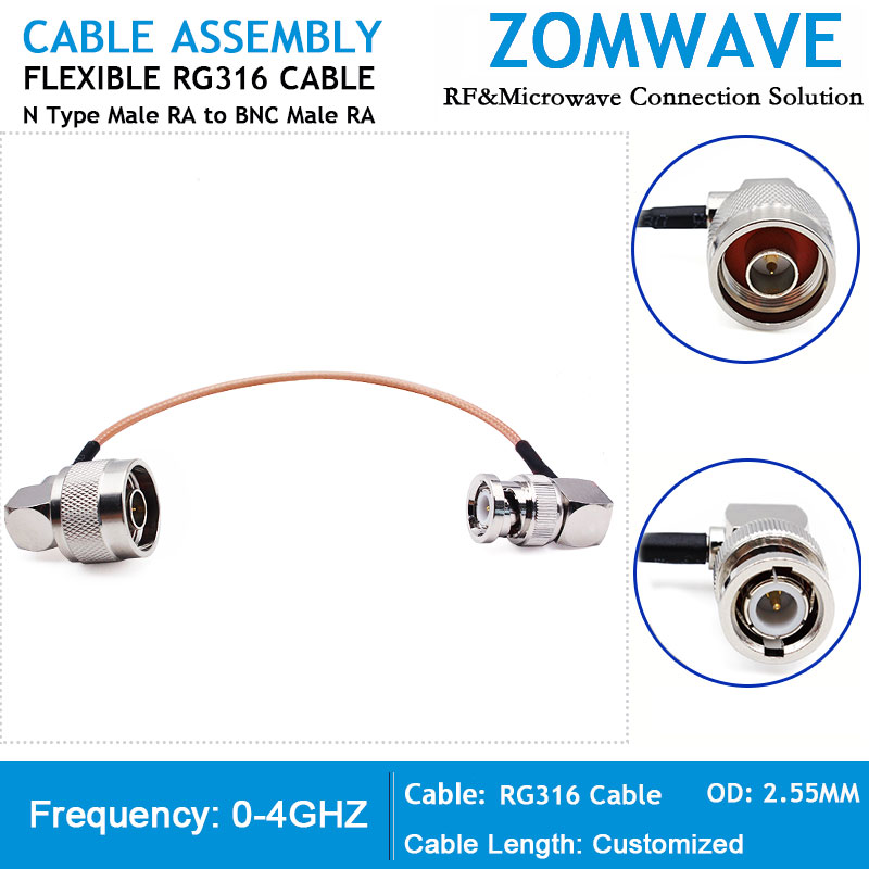 N Type Male Right Angle to BNC Male Right Angle, RG316 Cable, 4GHz