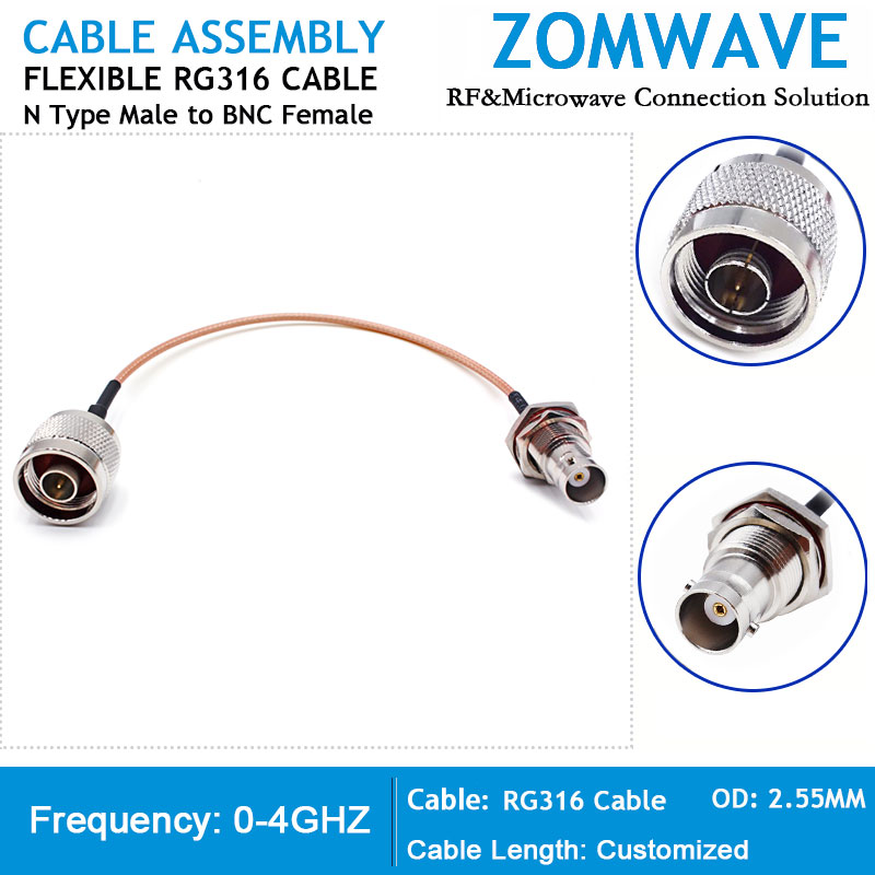 N Type Male to BNC Female, RG316 Cable, 4GHz