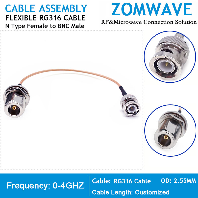 N Type Female to BNC Male, RG316 Cable, 4GHz