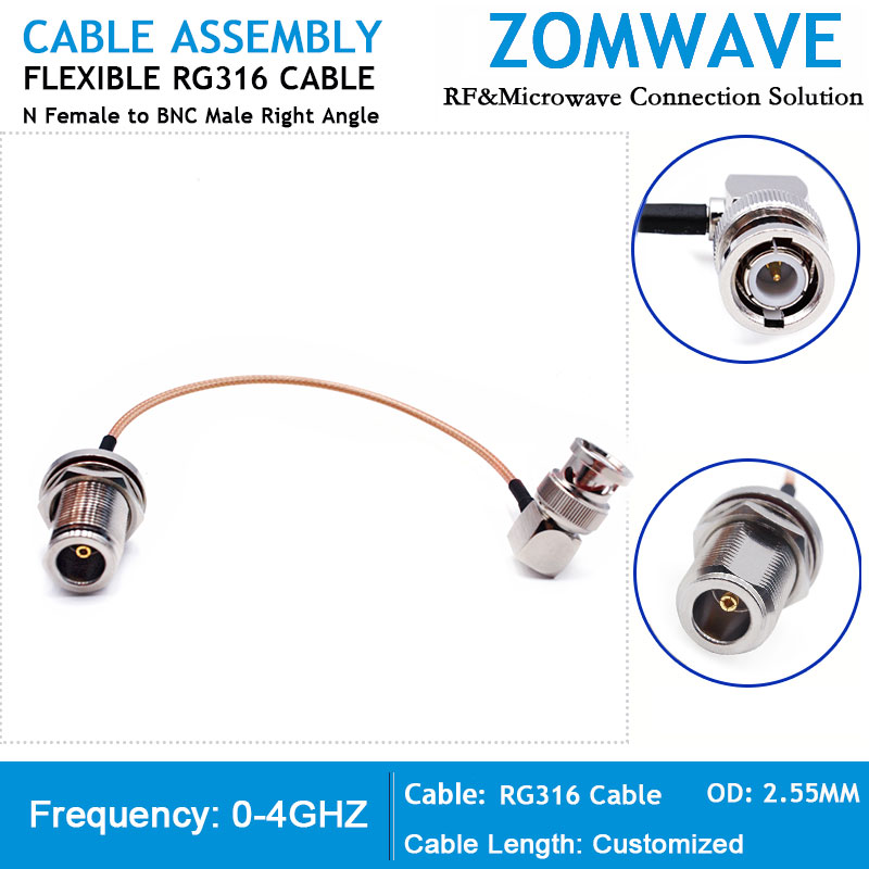 N Type Female to BNC Male Right Angle, RG316 Cable, 4GHz